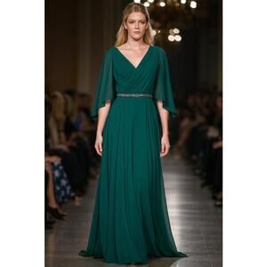 Designer V-neck Flutter Cape Sleeve Ruffle A-line Mother of Bride Green sz 6